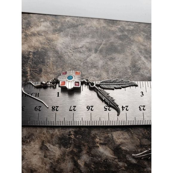 Silver-tone and Turquoise Red/Orange Square w/Feathers Earrings - 2.75" inches - Picture 3 of 4